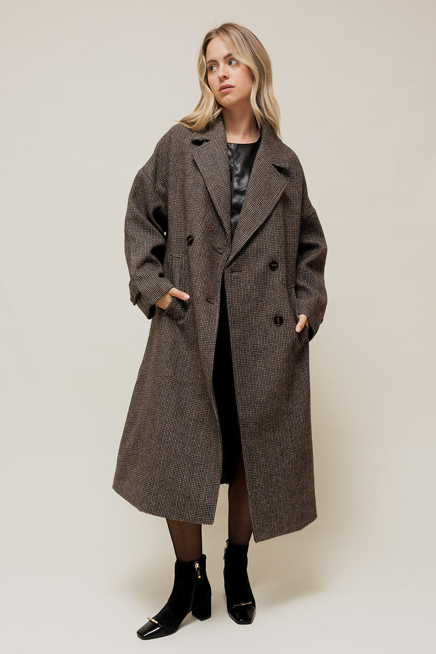 NORALY - Manteau Long Oversize en Chevron Gris à Double Boutonnage