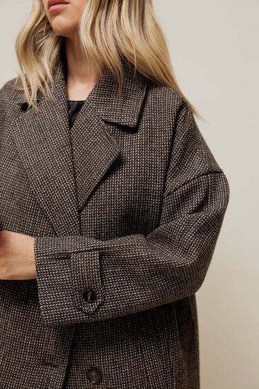 NORALY - Manteau Long Oversize en Chevron Gris à Double Boutonnage
