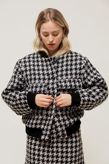 MELORYA - Manteau Court Forme Bomber en Tweed Pied-de-Poule