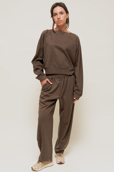 SELORIAH - Pantalon Coupe Large en Maille Sweat Marron