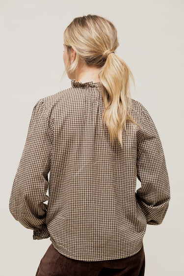 ORLINA - Blouse à Carreaux avec Broderie au Col Beige