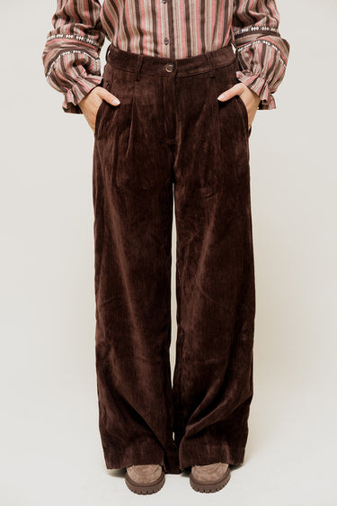 LYSORA - Pantalon Large effet Velours  Marron