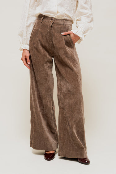LYSORA - Pantalon Large effet Velours  Taupe