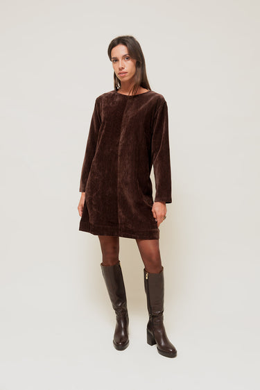 LORINE - Robe Courte Effet Velours à Manches Longues Chocolat