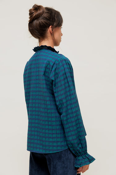 HELYSSA - Chemise à Carreaux et Grand Col Brodé Vert