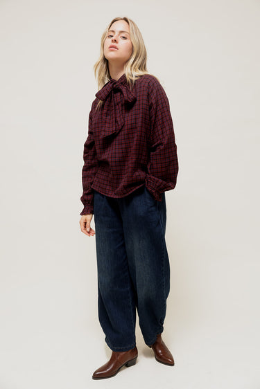GÉLIANE -  Blouse à Carreaux et Col à Nouer Aubergine