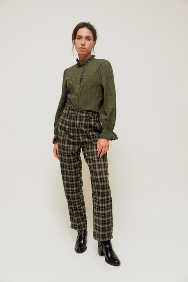 DORYNE - Chemise à Carreaux Ton sur Ton et Grand Col Brodé Kaki