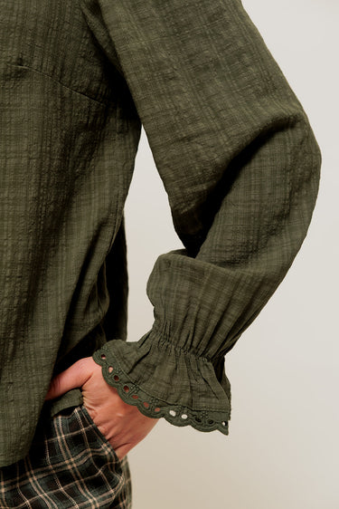 DORYNE - Chemise à Carreaux Ton sur Ton et Grand Col Brodé Kaki