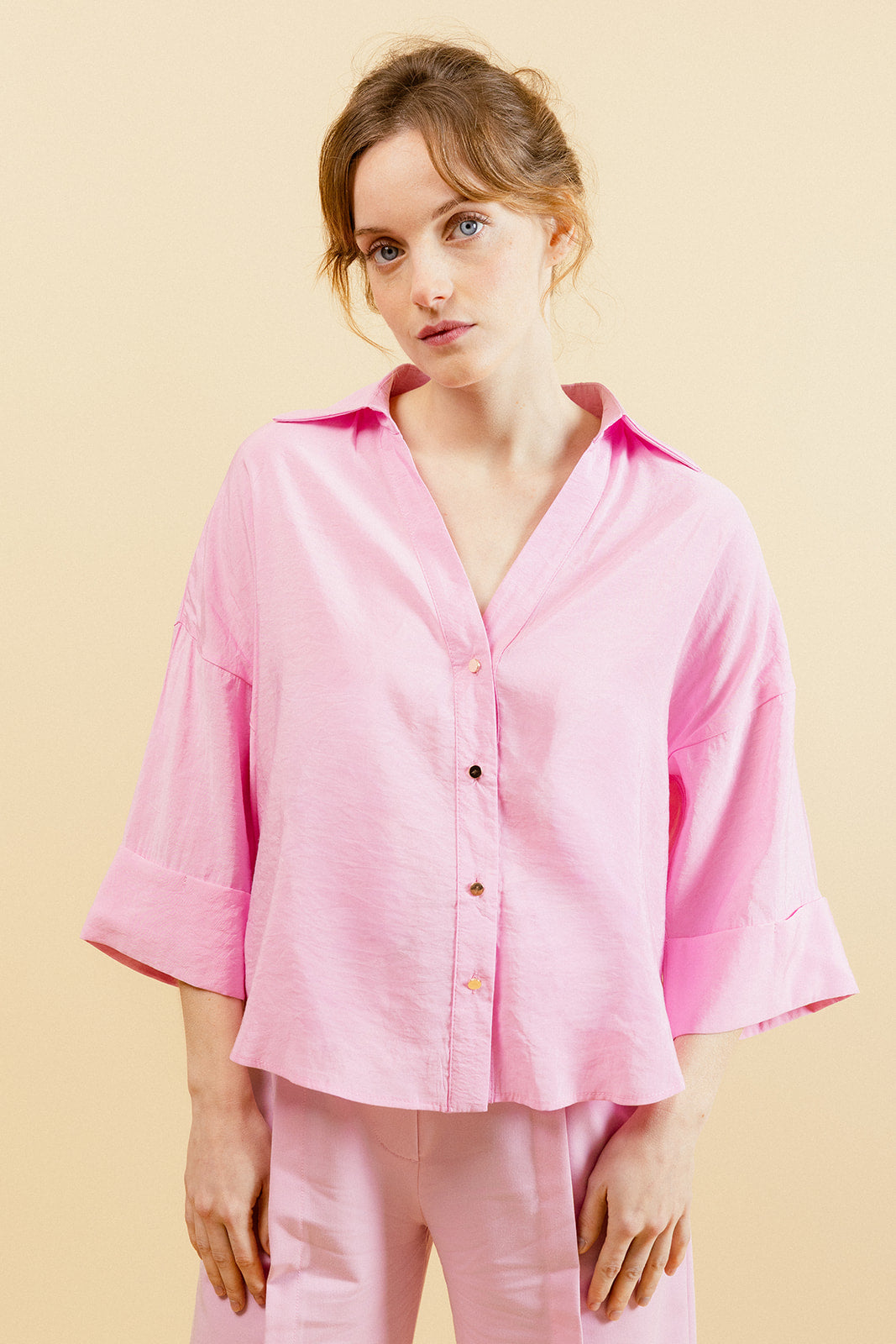 ÉLIA - Chemise Unie Rose Femme Col V