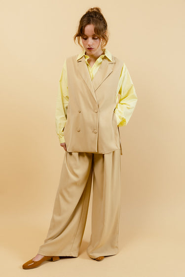 SOLÉA – Pantalon Uni Beige à Jambes Larges