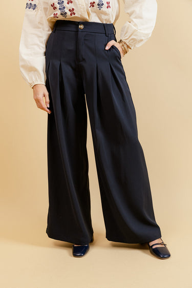 SOLÉA – Pantalon Uni Marine à Jambes Larges 