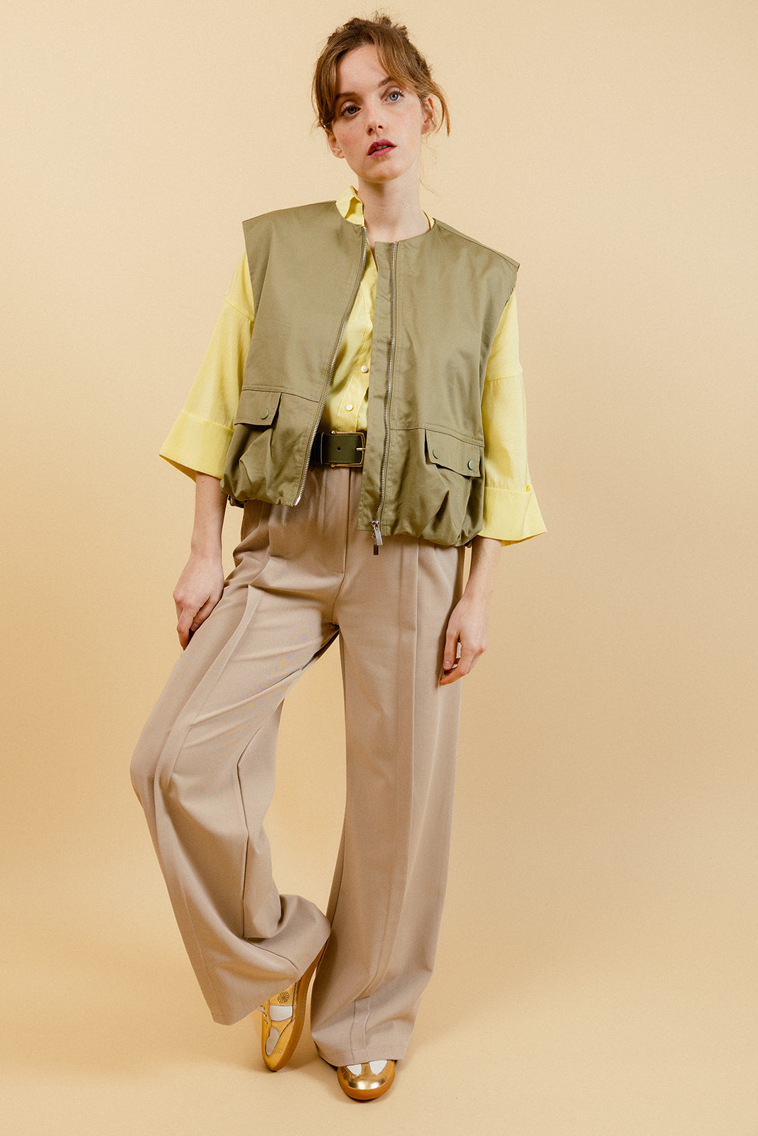 OPHÉLIE - Pantalon Habillé Beige Taille Haute