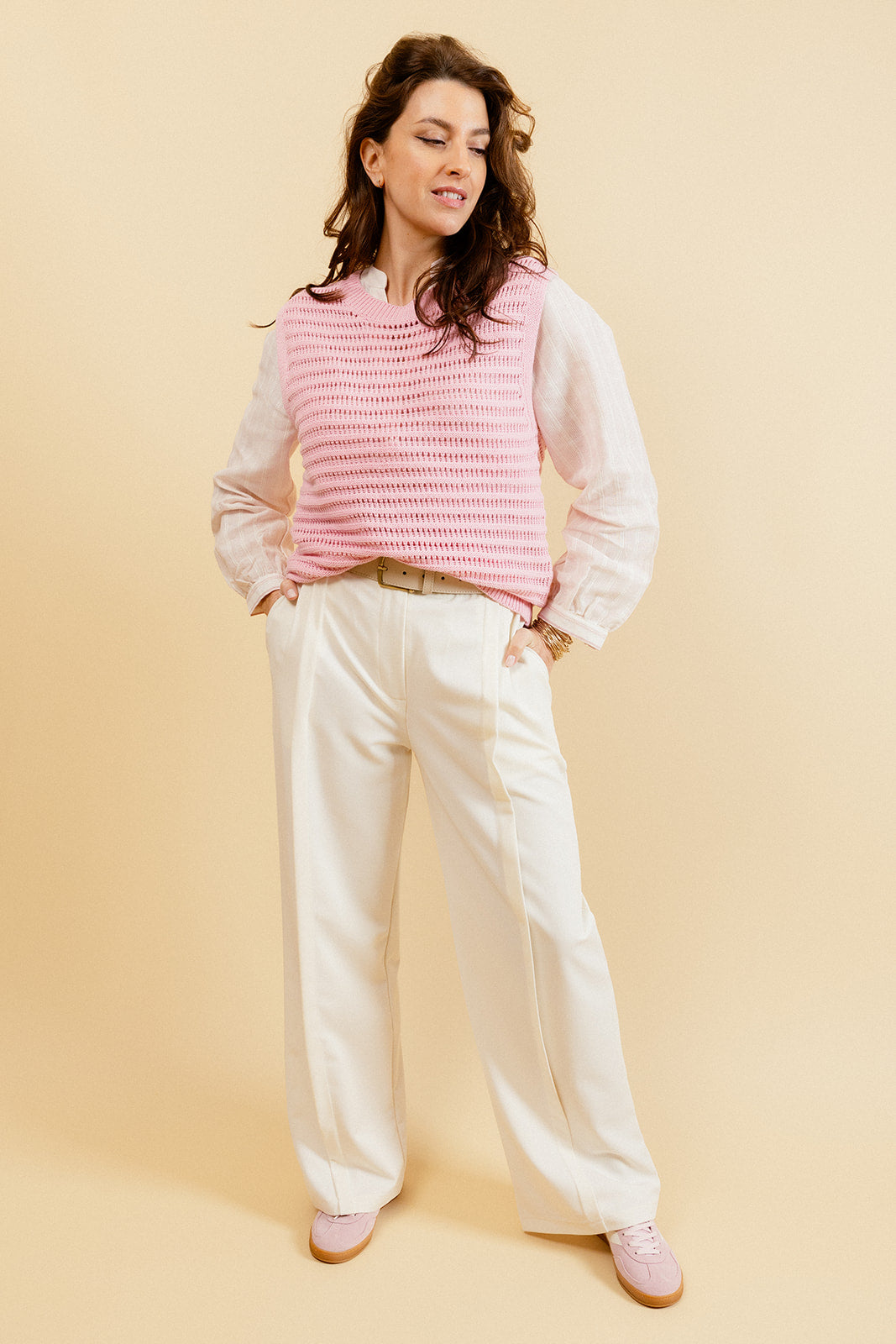 GEORGINA -Pull Rose Sans Manches en Crochet Femme