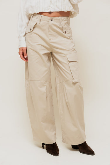 KELYNE - Pantalon Cargo Large en Toile de Coton Beige