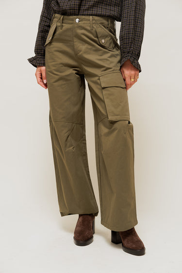 KELYNE - Pantalon Cargo Large en Toile de Coton Kaki