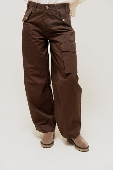 KELYNE - Pantalon Cargo Large en Toile de Coton Marron