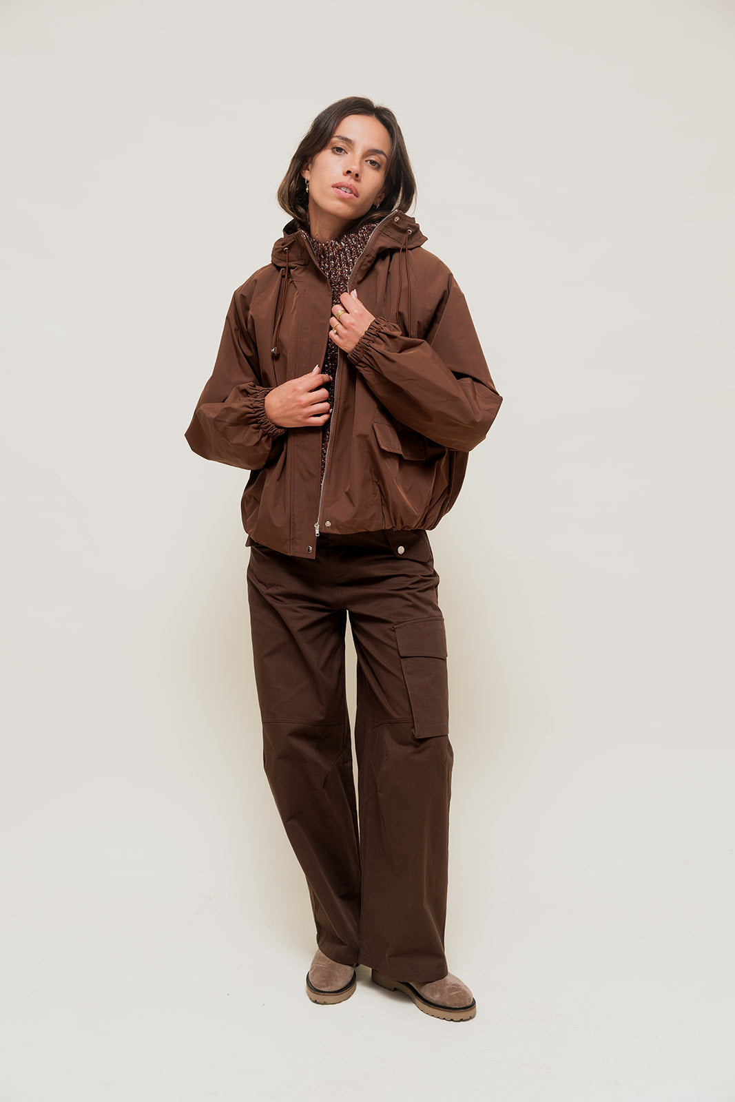 KELYNE - Pantalon Cargo Large en Toile de Coton Marron