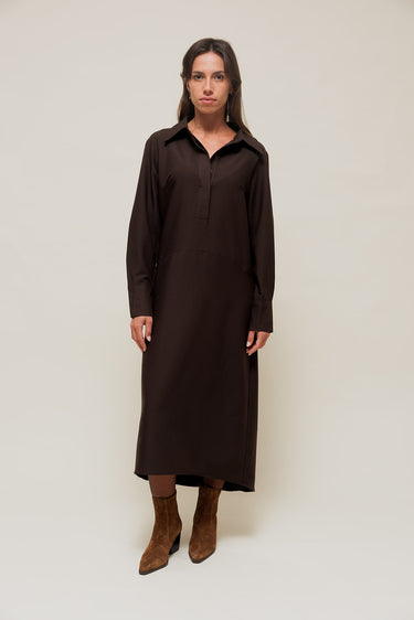SORIANA - Robe Longue Noire Esprit Chemise Marron