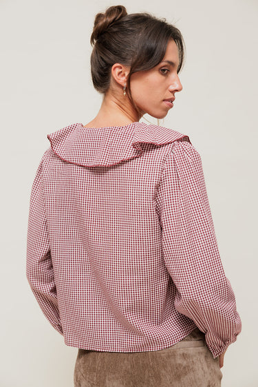 DARYNA - Blouse à Carreaux Vichy et Col Volanté Bordeaux