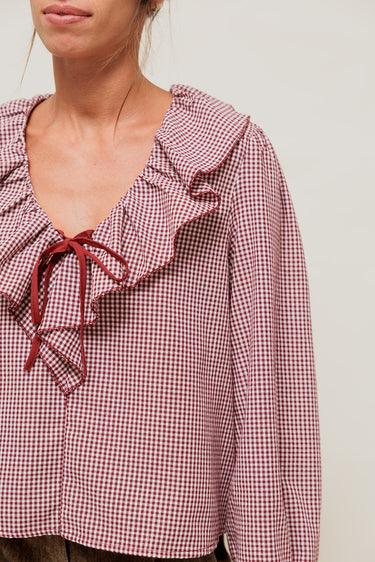 DARYNA - Blouse à Carreaux Vichy et Col Volanté Bordeaux