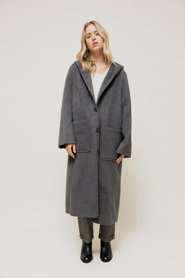DORYSSA - Manteau Long en Laine à Capuche Gris