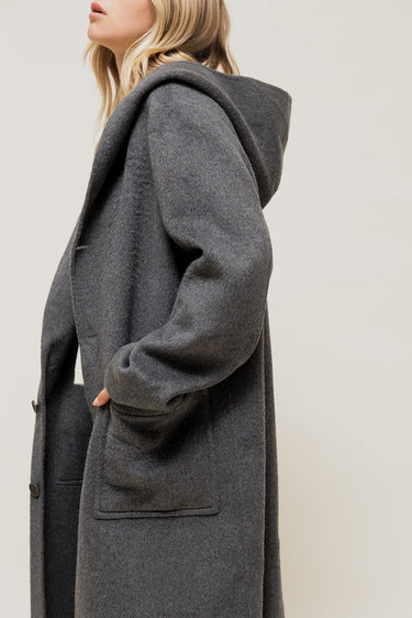 DORYSSA - Manteau Long en Laine à Capuche Gris