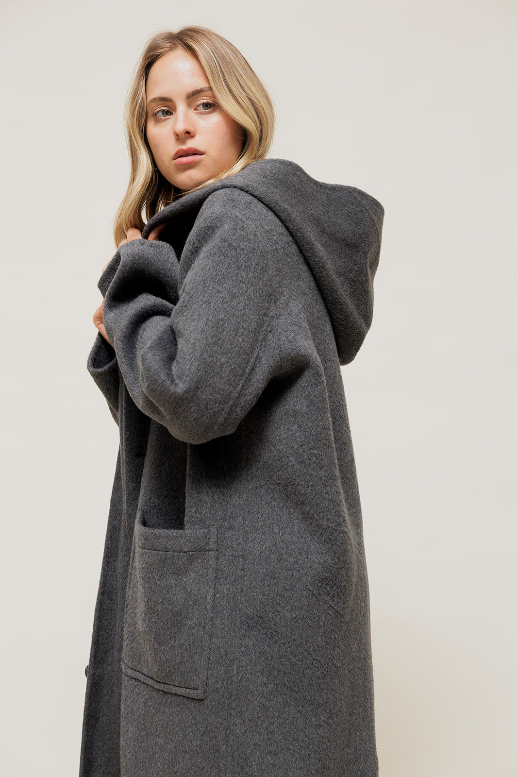 DORYSSA - Manteau Long en Laine à Capuche Gris
