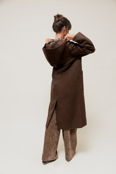 DORYSSA - Manteau Long en Laine à Capuche Marron
