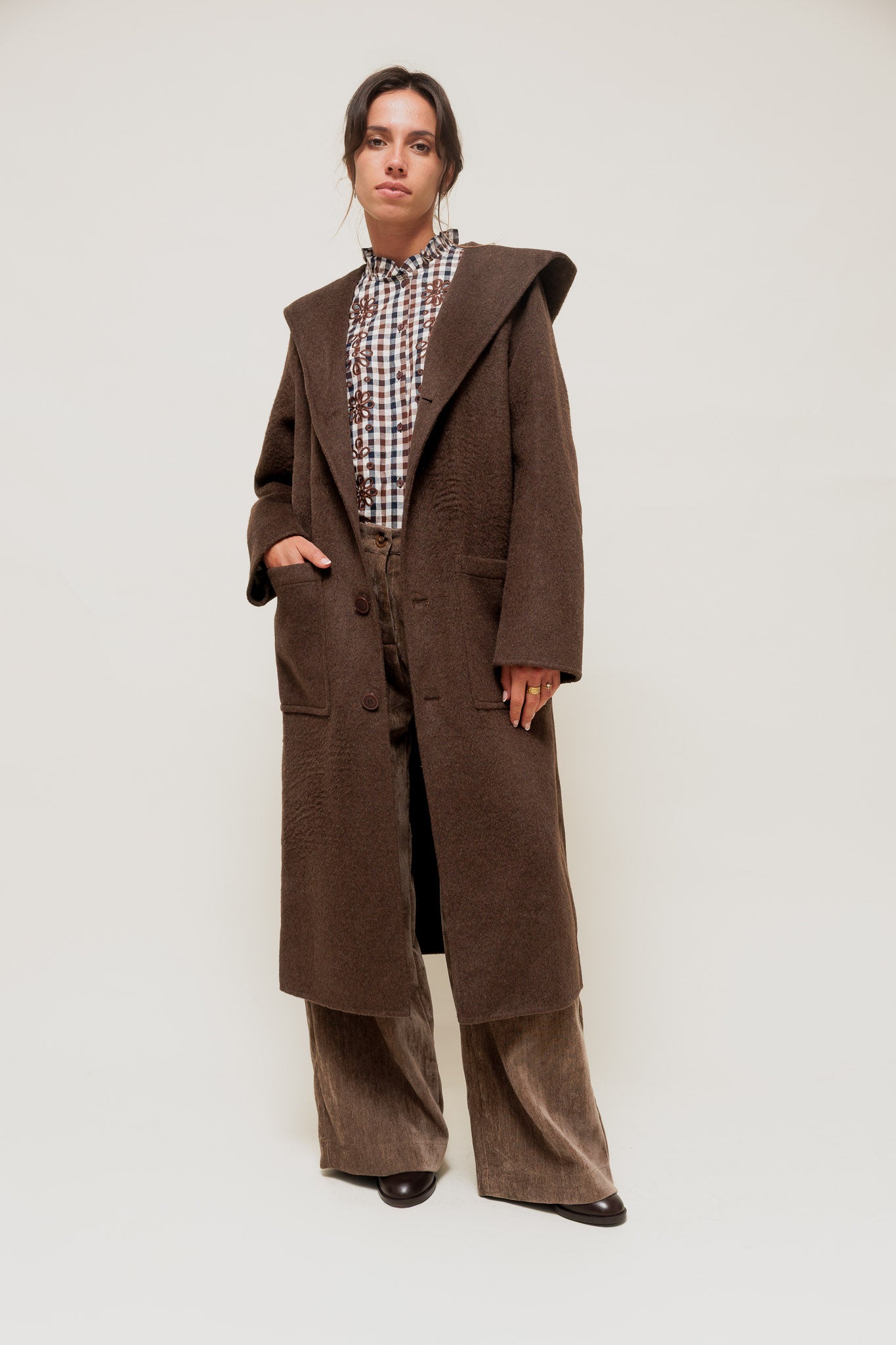 DORYSSA - Manteau Long en Laine à Capuche Marron