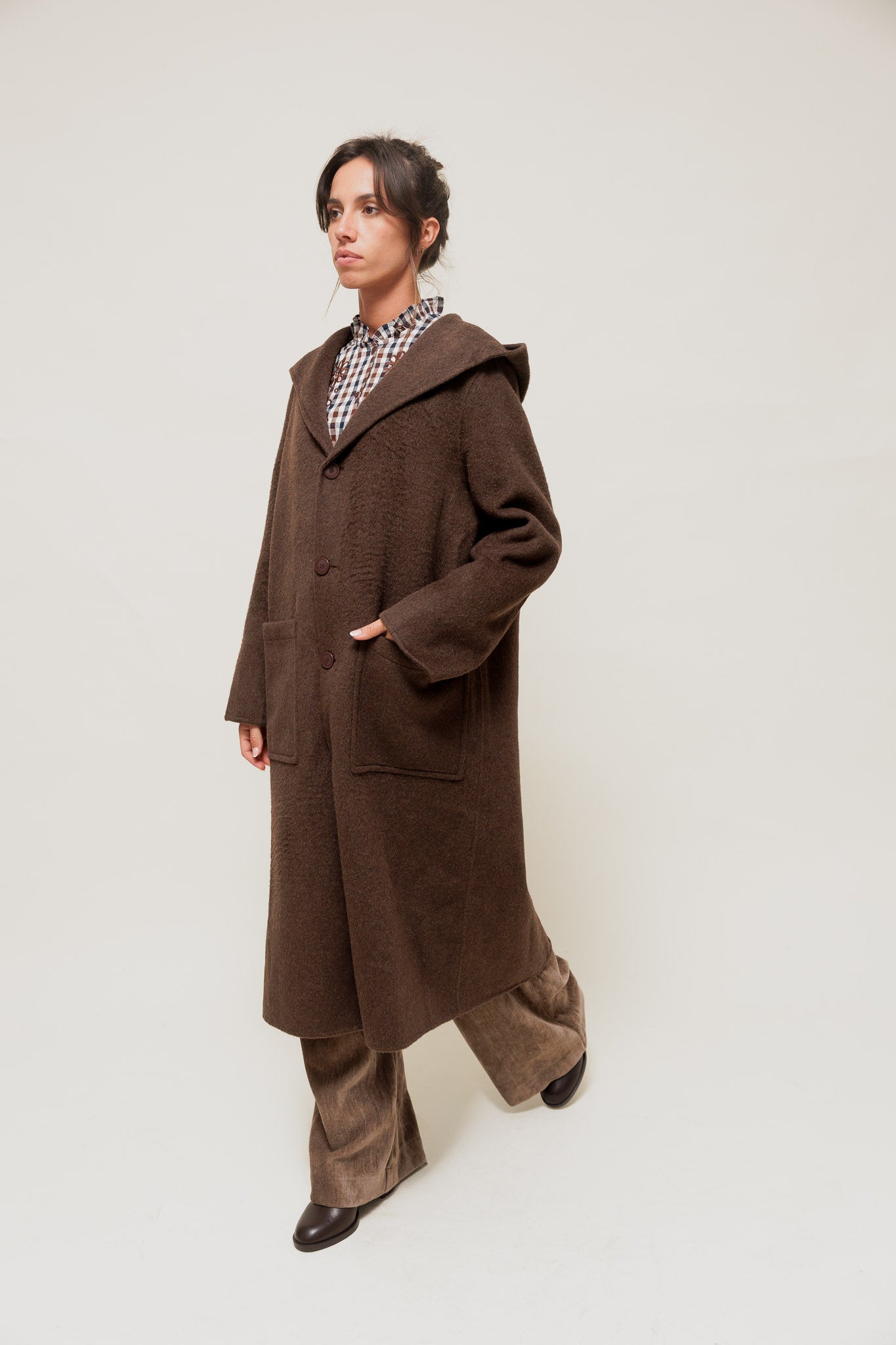 DORYSSA - Manteau Long en Laine à Capuche Marron